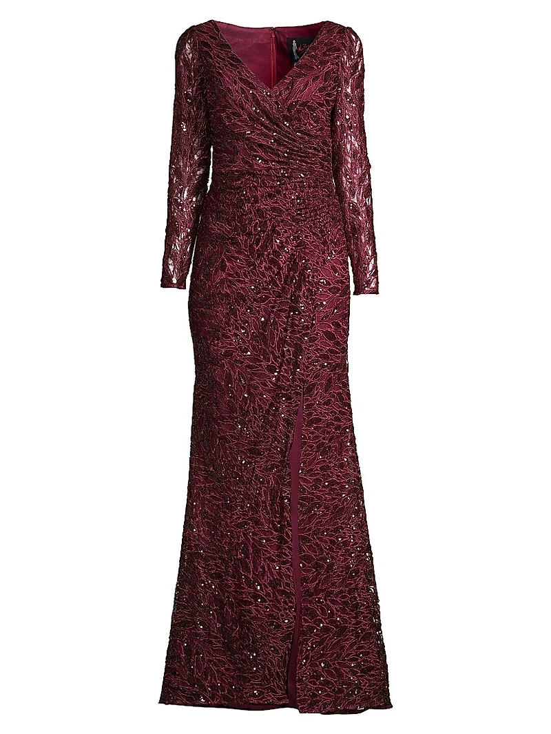 Illusion Damask Embroidered Sequin Column Gown