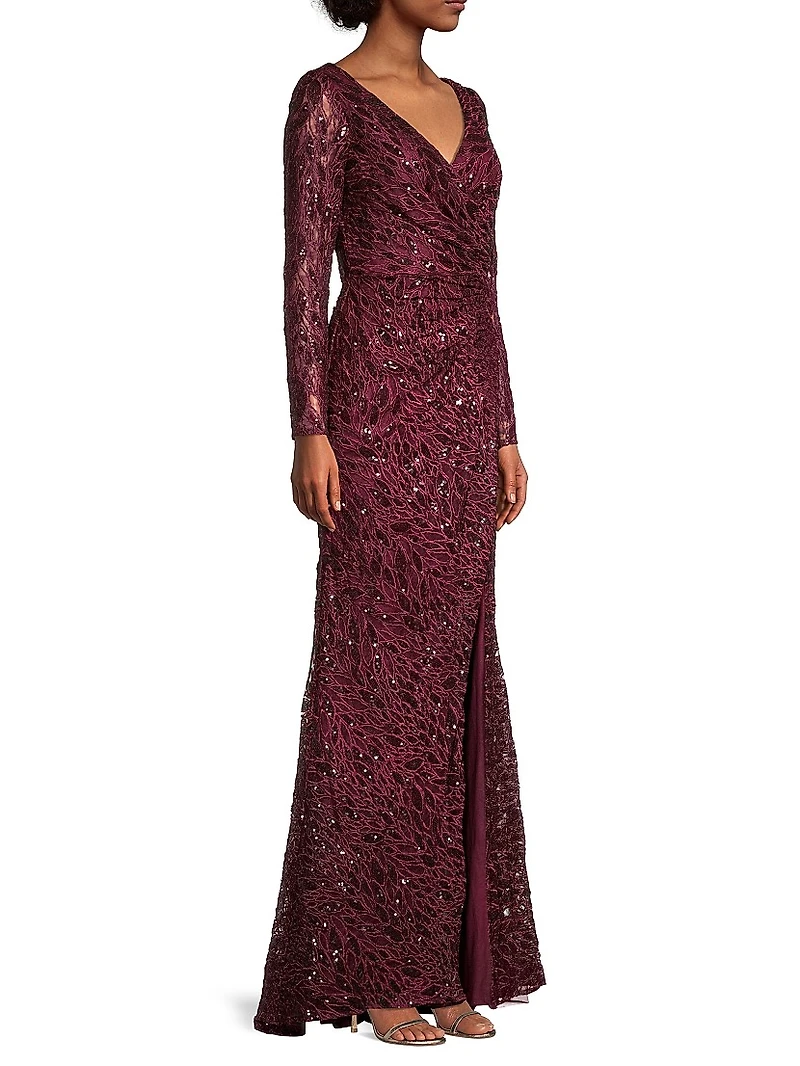 Illusion Damask Embroidered Sequin Column Gown