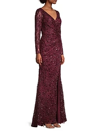 Illusion Damask Embroidered Sequin Column Gown