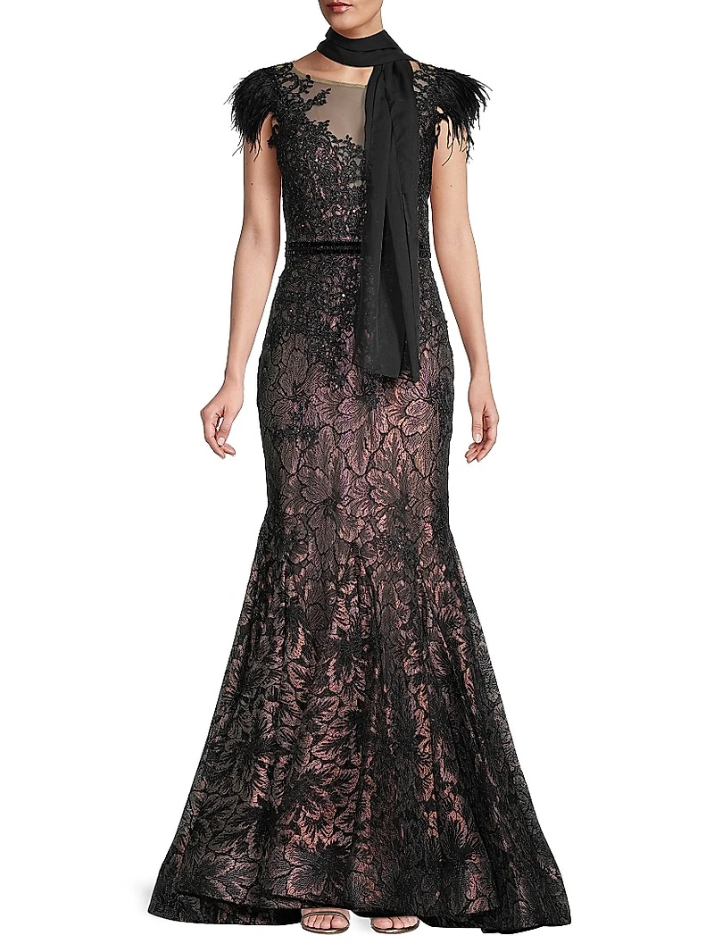 Velvet Floral Applique Mermaid Gown