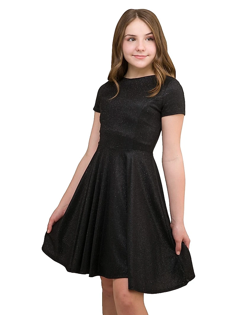 Girl's Glitter Short-Sleeve Fit-&-Flare Dress