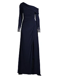 One-Shoulder Jersey Ruched Side Slit Gown