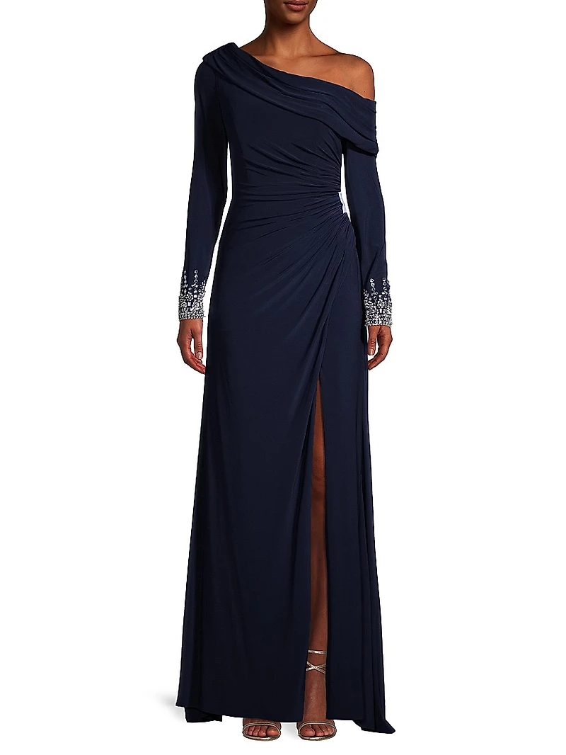 One-Shoulder Jersey Ruched Side Slit Gown