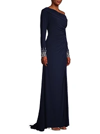 One-Shoulder Jersey Ruched Side Slit Gown