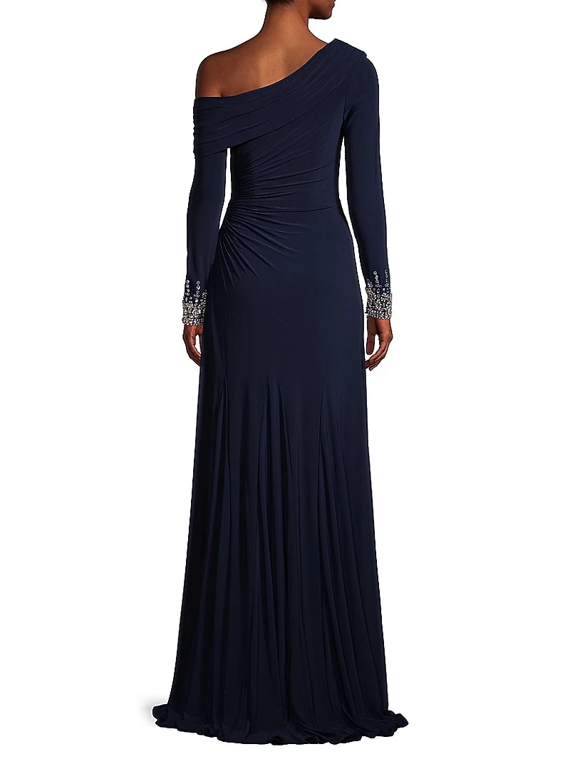 One-Shoulder Jersey Ruched Side Slit Gown