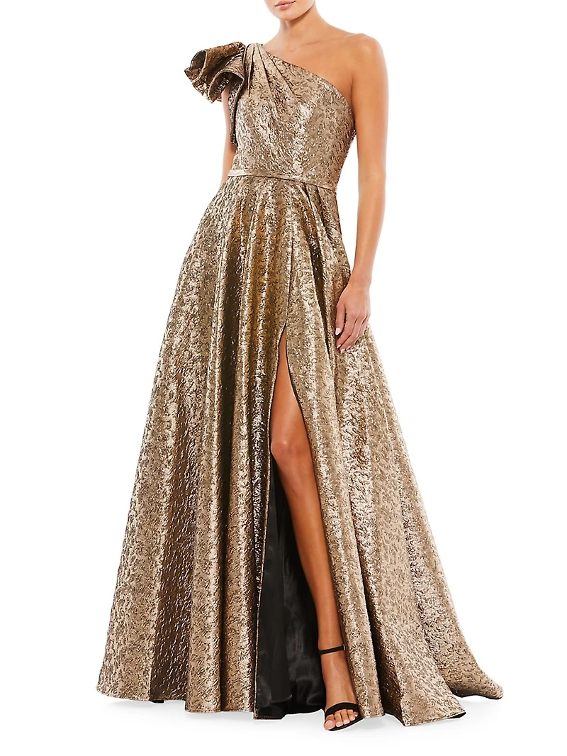 Asymmetric Metallic Pleated Ball Gown