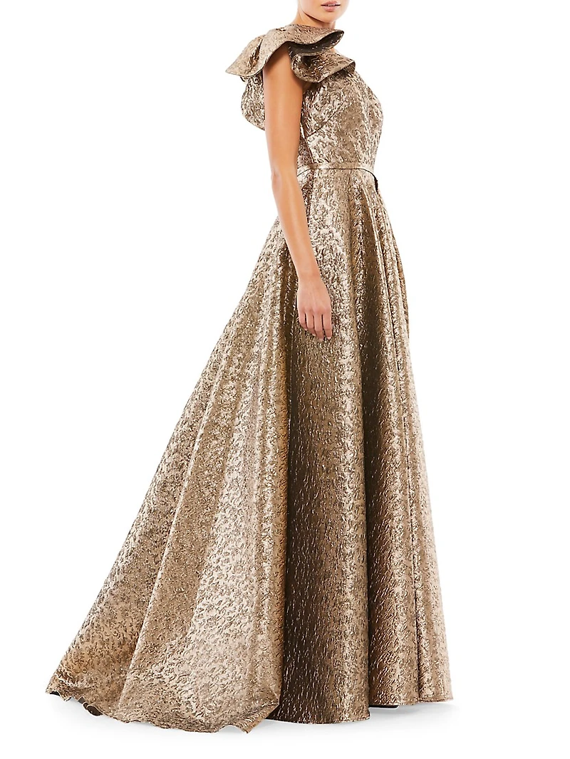 Asymmetric Metallic Pleated Ball Gown