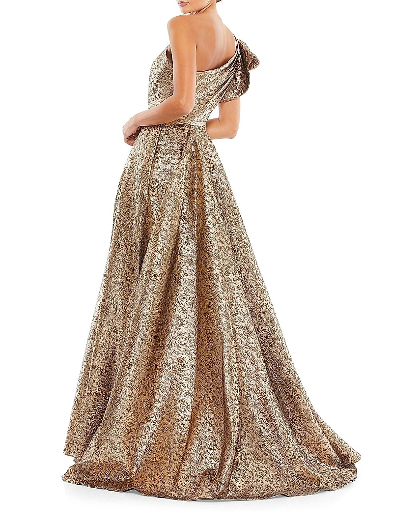 Asymmetric Metallic Pleated Ball Gown