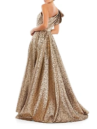 Asymmetric Metallic Pleated Ball Gown