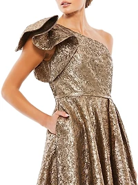 Asymmetric Metallic Pleated Ball Gown