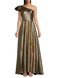 Asymmetric Metallic Pleated Ball Gown