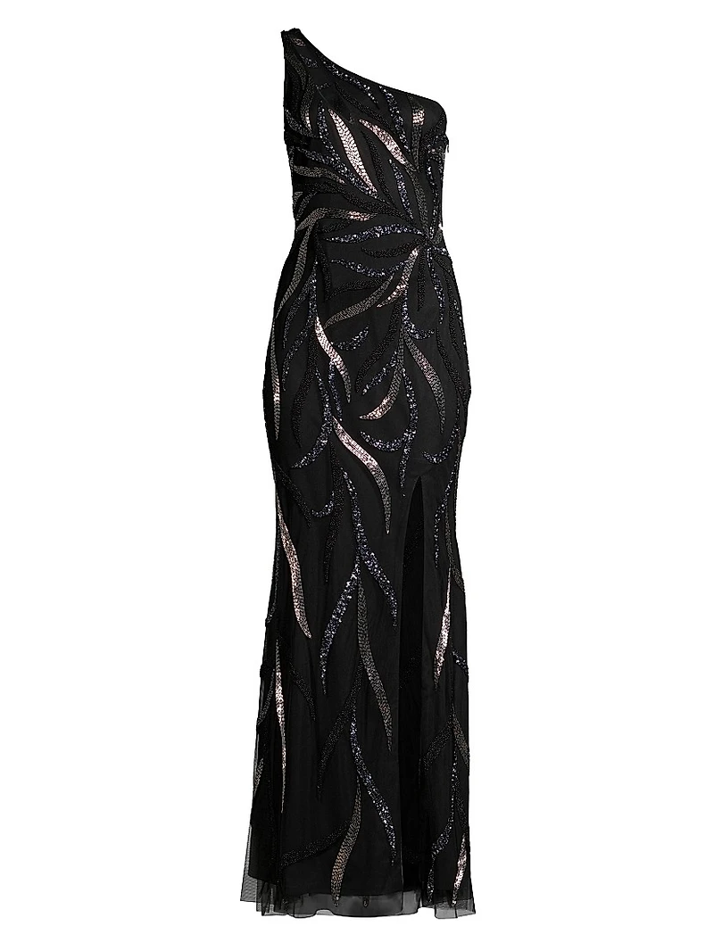 One-Shoulder Beaded Slit Gown