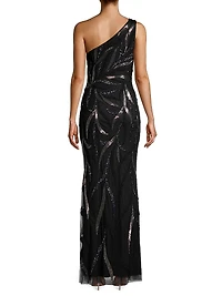 One-Shoulder Beaded Slit Gown