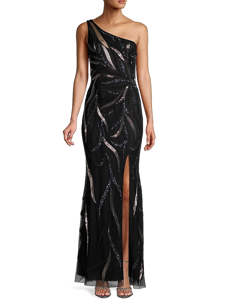 One-Shoulder Beaded Slit Gown