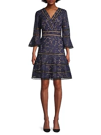 Floral Jacquard Lattice Trim Fit & Flare Midi-Dress