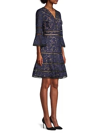 Floral Jacquard Lattice Trim Fit & Flare Midi-Dress