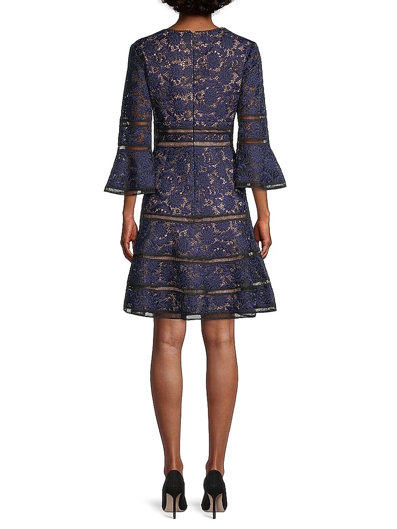 Floral Jacquard Lattice Trim Fit & Flare Midi-Dress