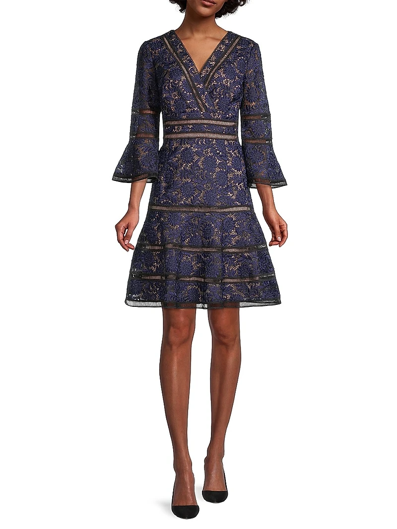 Floral Jacquard Lattice Trim Fit & Flare Midi-Dress