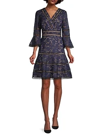 Floral Jacquard Lattice Trim Fit & Flare Midi-Dress