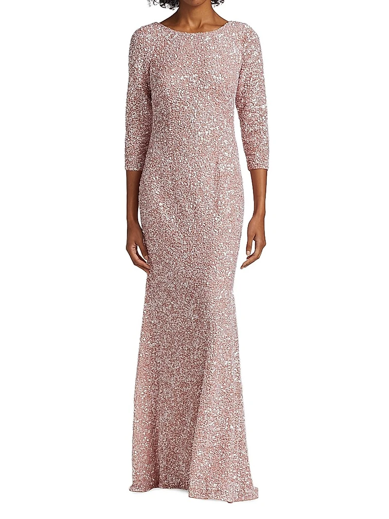 Three-Quarter Sleeve Sequin Sheath Gown