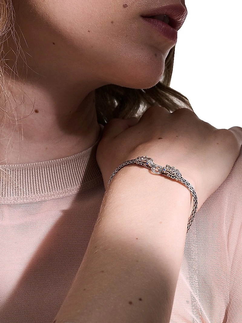 Naga Dragon Silver & Blue Sapphire Double Head Slim Chain Bracelet