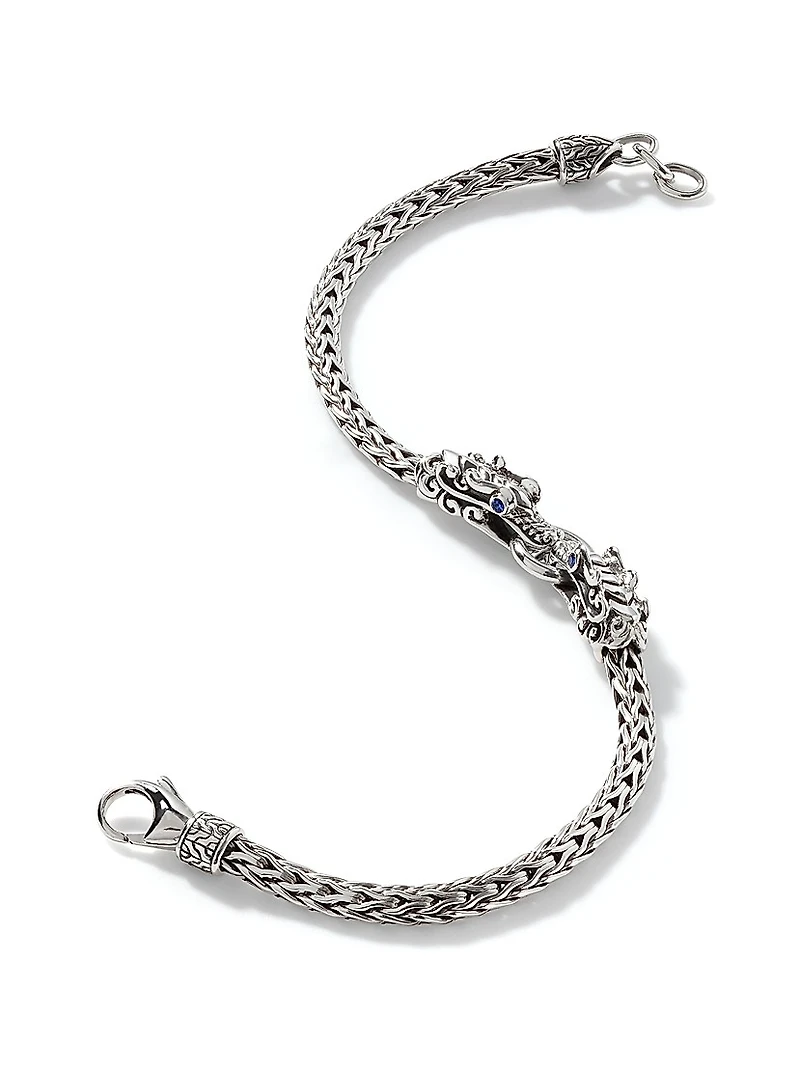Naga Dragon Silver & Blue Sapphire Double Head Slim Chain Bracelet