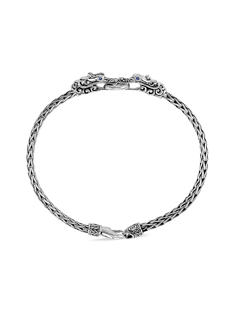 Naga Dragon Silver & Blue Sapphire Double Head Slim Chain Bracelet