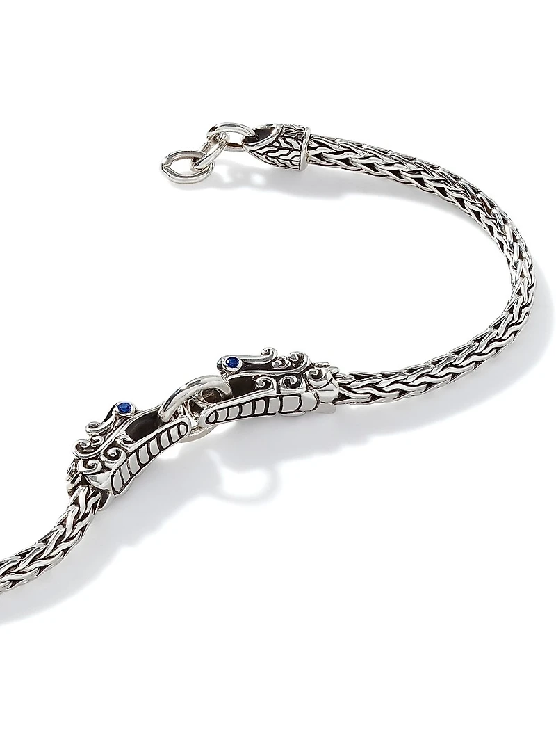 Naga Dragon Silver & Blue Sapphire Double Head Slim Chain Bracelet