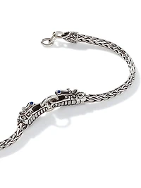 Naga Dragon Silver & Blue Sapphire Double Head Slim Chain Bracelet