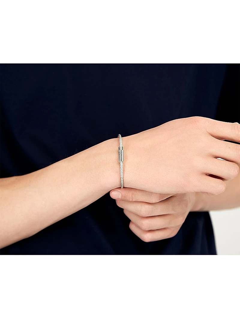 9G Pyramid Guilloche Polished Sterling Silver Cable Bracelet