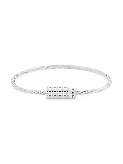 Unisex 9G Pyramid Guilloche Polished Sterling Silver Cable Bracelet