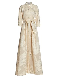 Three-Quarter Sleeve Metallic Jacquard Shirt Waist Gown