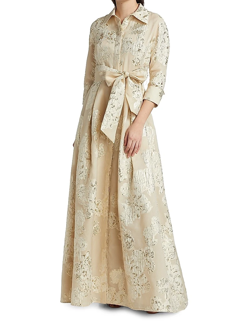 Three-Quarter Sleeve Metallic Jacquard Shirt Waist Gown