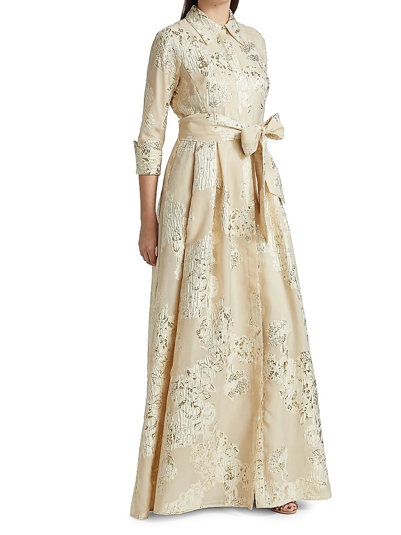 Three-Quarter Sleeve Metallic Jacquard Shirt Waist Gown