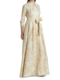Three-Quarter Sleeve Metallic Jacquard Shirt Waist Gown