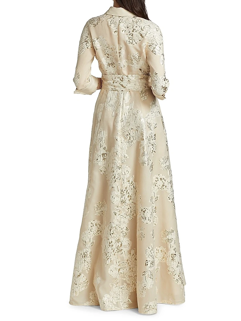 Three-Quarter Sleeve Metallic Jacquard Shirt Waist Gown