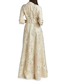 Three-Quarter Sleeve Metallic Jacquard Shirt Waist Gown