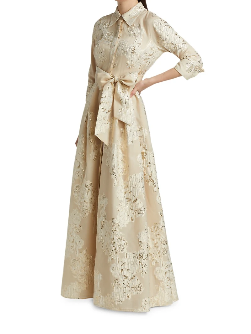 Three-Quarter Sleeve Metallic Jacquard Shirt Waist Gown