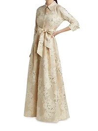 Three-Quarter Sleeve Metallic Jacquard Shirt Waist Gown