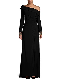 Embellished Cuff One-Shoulder Gown