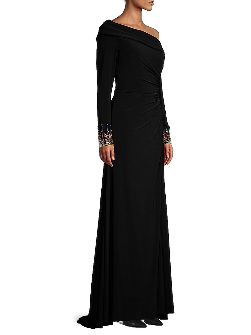 Embellished Cuff One-Shoulder Gown