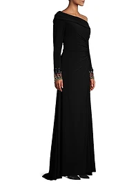 Embellished Cuff One-Shoulder Gown