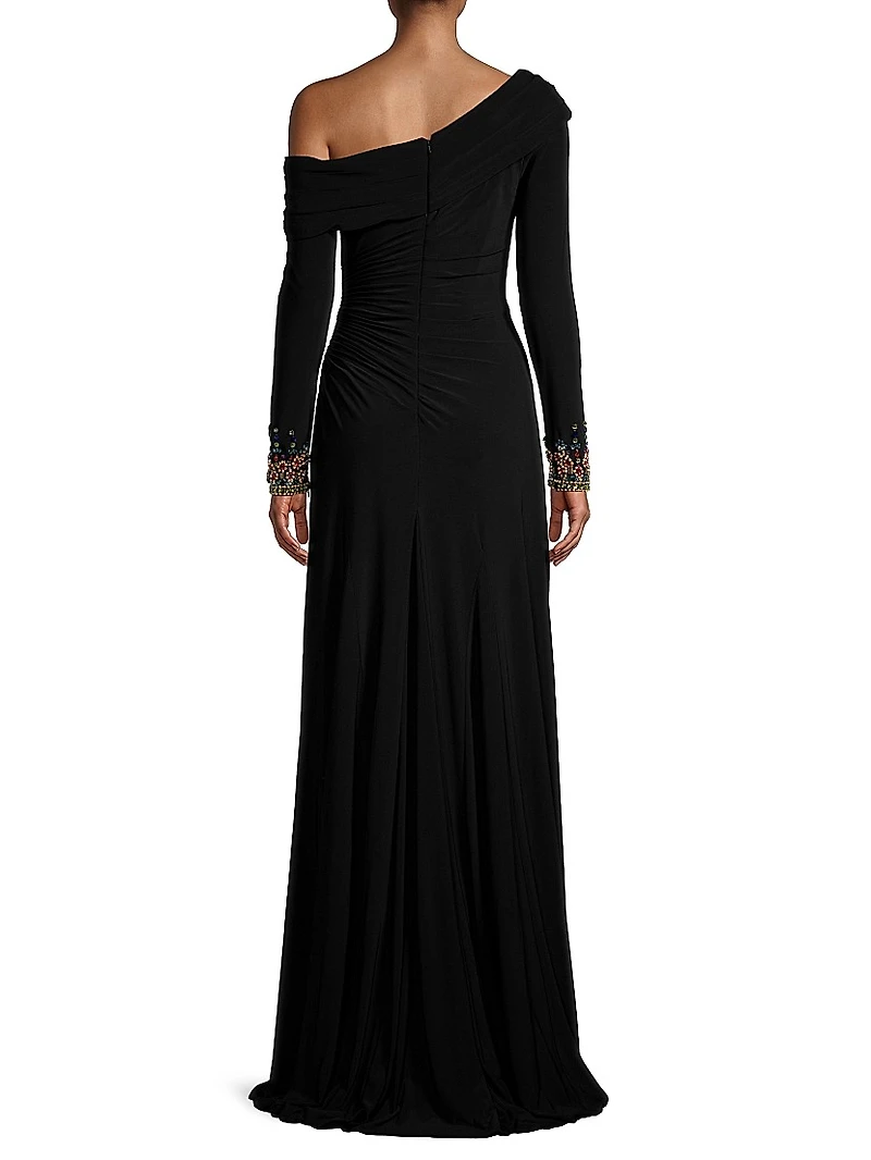 Embellished Cuff One-Shoulder Gown