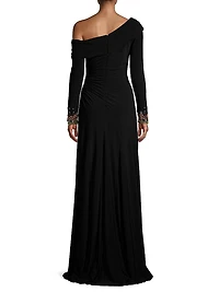 Embellished Cuff One-Shoulder Gown