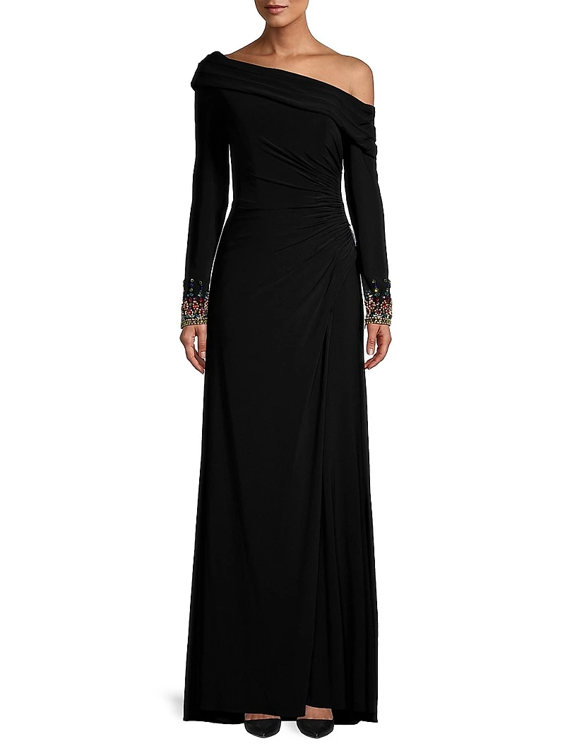 Embellished Cuff One-Shoulder Gown