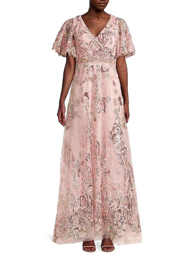 Flutter Sleeve Floral Gown