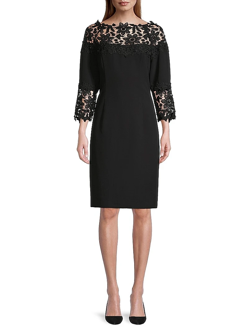 Lace-Trim Crepe Sheath Dress
