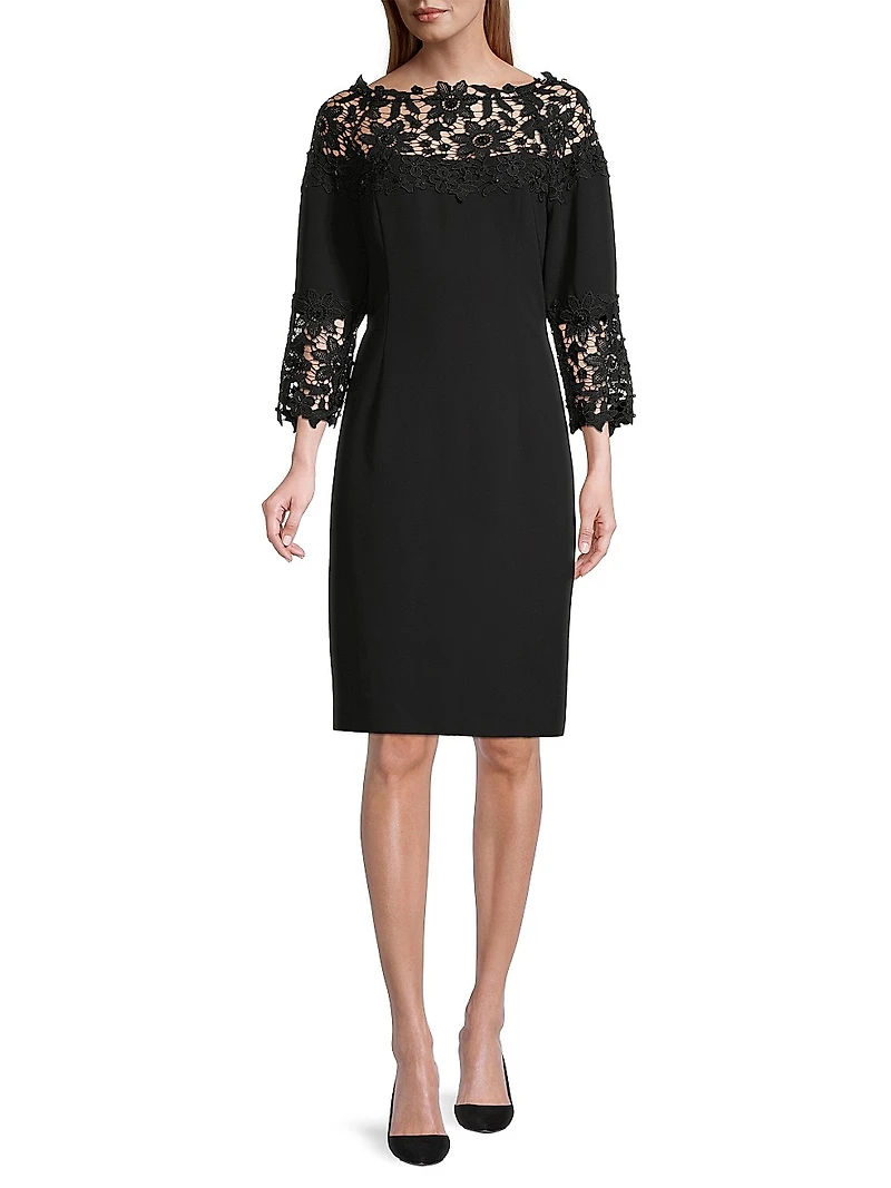 Lace-Trim Crepe Sheath Dress