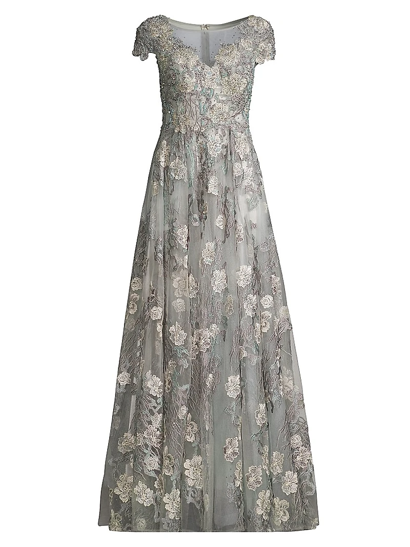 Cap-Sleeve Floral A-Line Gown