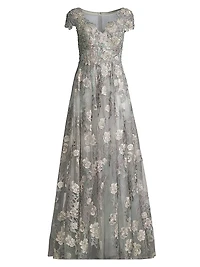 Cap-Sleeve Floral A-Line Gown